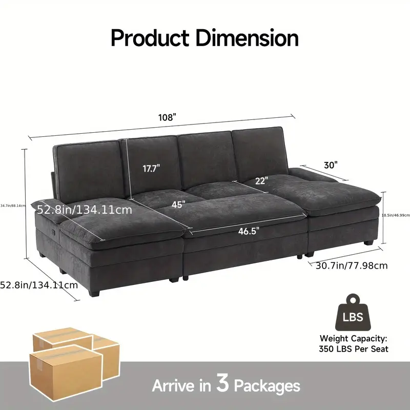1pc   108 classic u shaped sectional sofa bed with storage ottoman chenille 6 seater with dual chaise dark grey sleeper couch with dual layer cushions adjustable armrest dual charging ports hardwood frame 110v 130v us plug for   room types 3